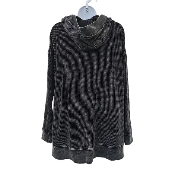 Mono B Acid Wash Black Hoodie Waffle Knit Size M Open Front Bohemian - Picture 2 of 3